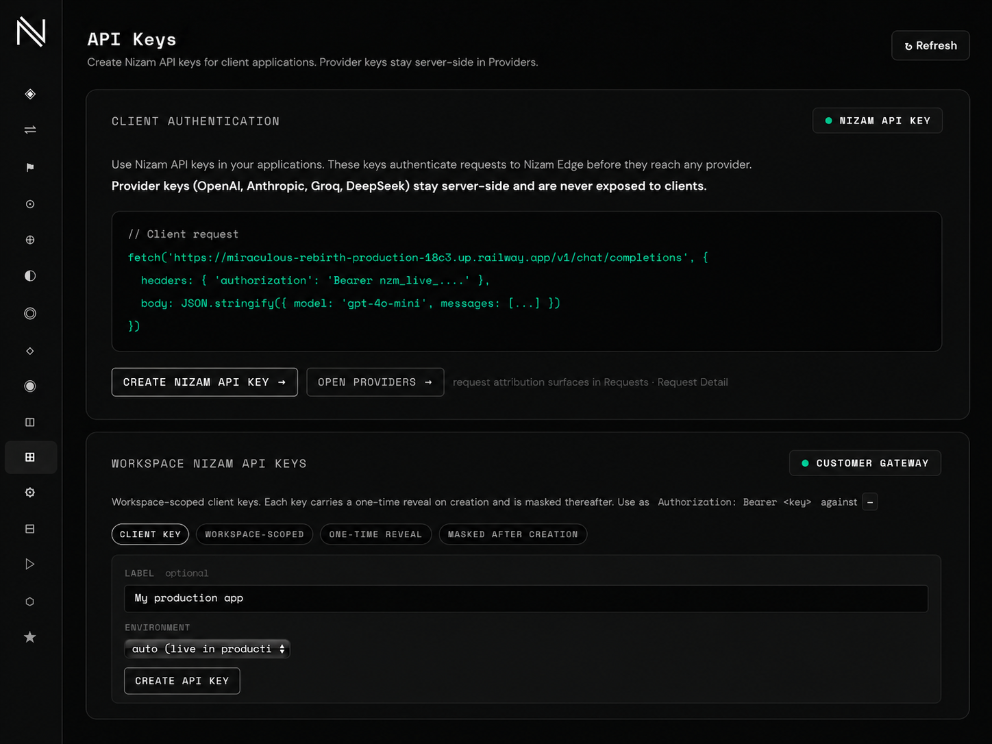 API key governance — workspace-scoped client keys with attribution and status